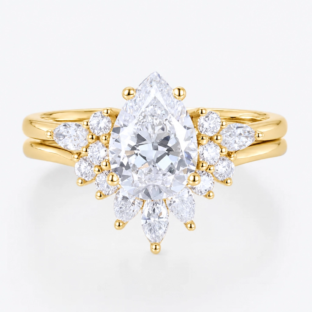 1.5ct Pear Cut Lab Grown Diamond Marquise Accent Bridal Ring Set with Multi-Cut Curved Band in White Gold