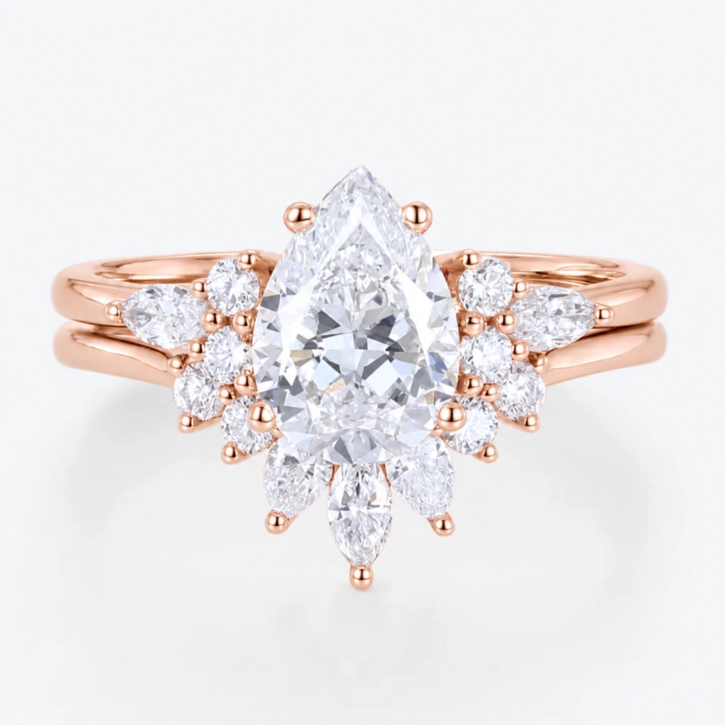 1.5ct Pear Cut Lab Grown Diamond Marquise Accent Bridal Ring Set with Multi-Cut Curved Band in White Gold