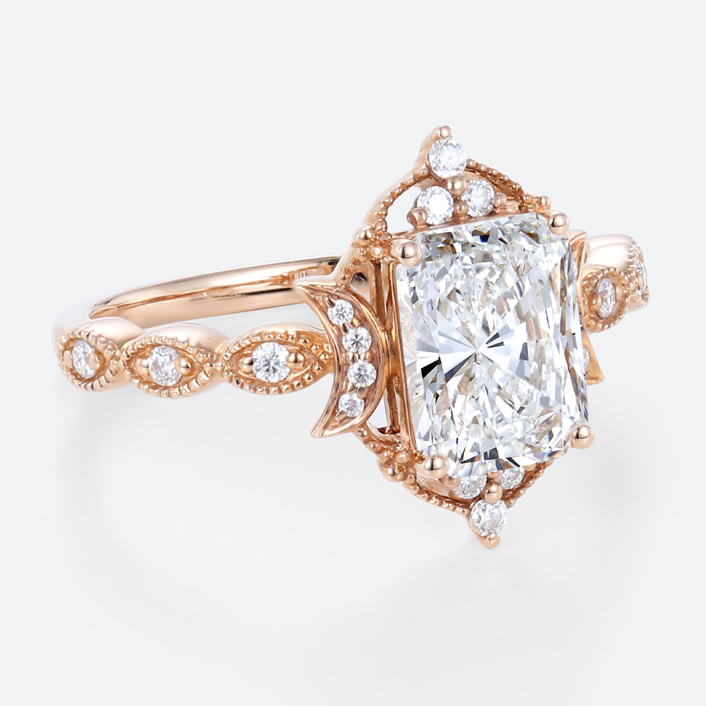 Rose Gold Radiant Cut Lab Grown Diamond Rings​ 1.5ct Art Deco Rings Vintage