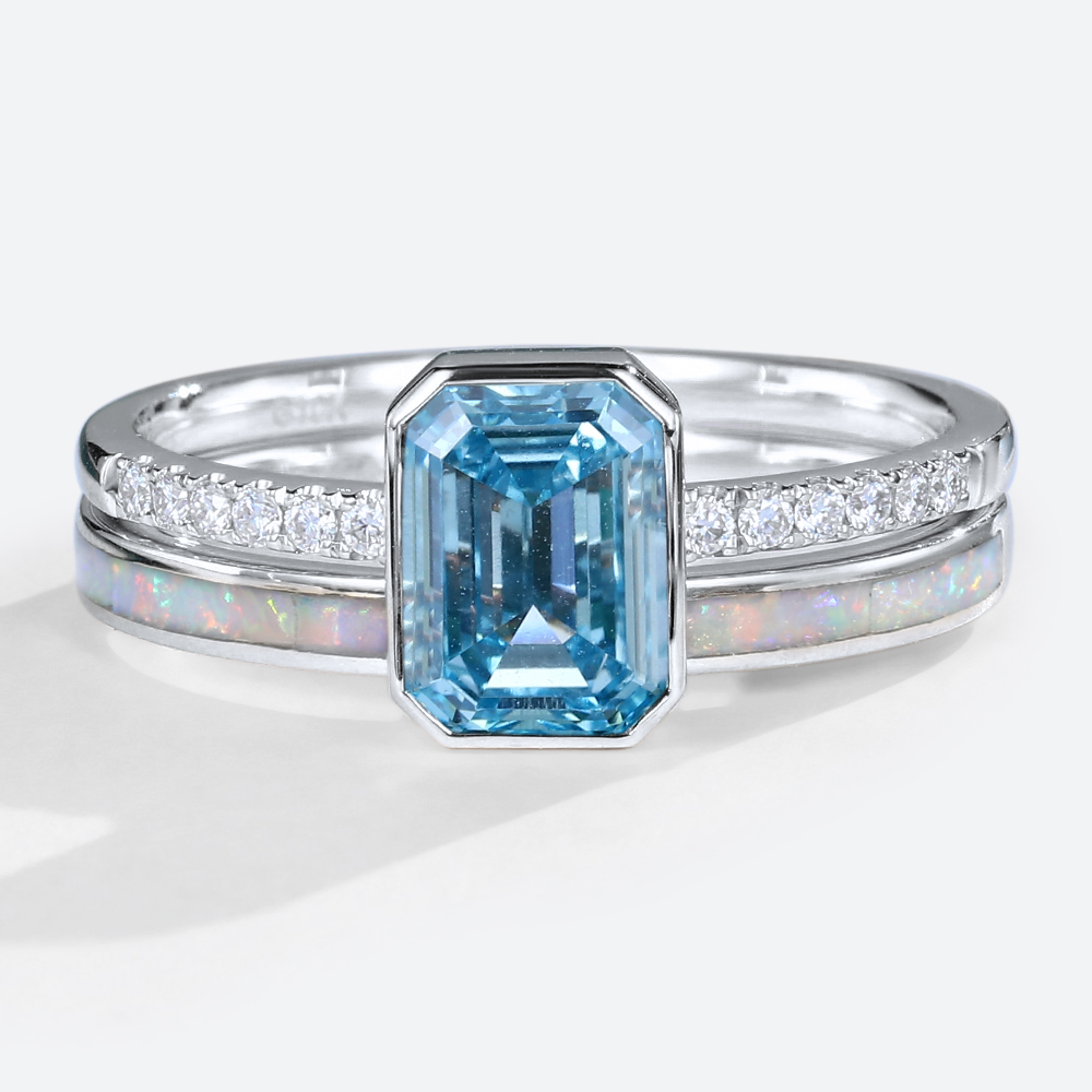 1.5ct Lab Blue Diamond Ring Set Emerald Cut Pavé Bezel Ring in White Gold