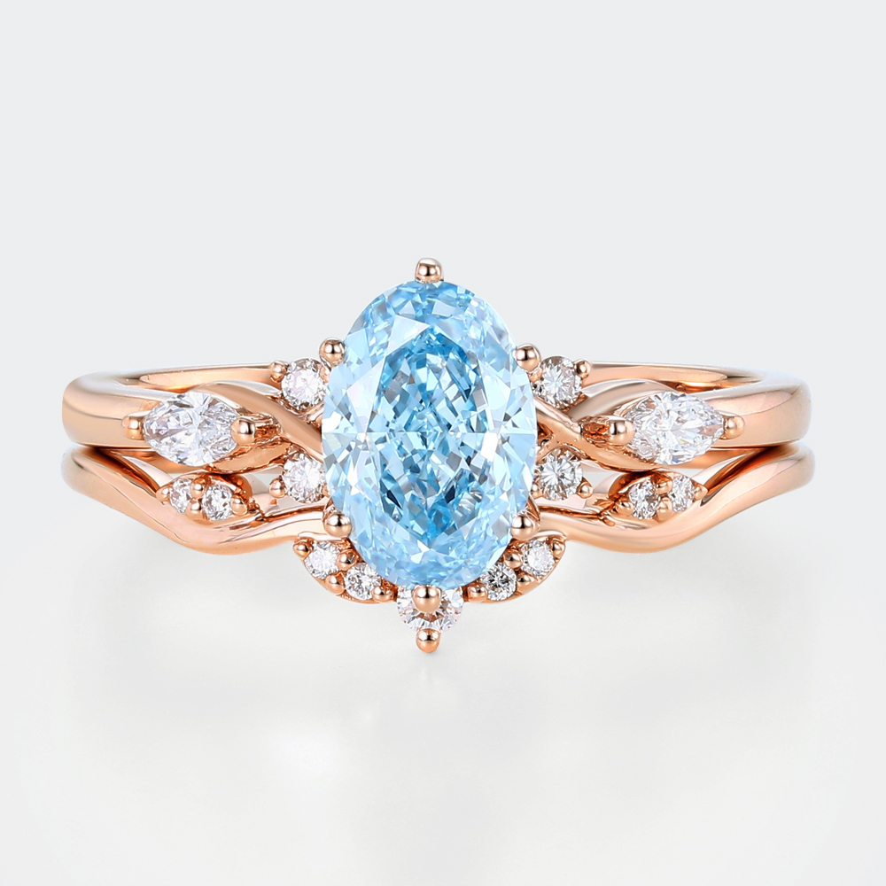 Lab Blue Diamond Ring Set 1.5ct Oval Cut Cluster Engagement Ring in Rose Gold