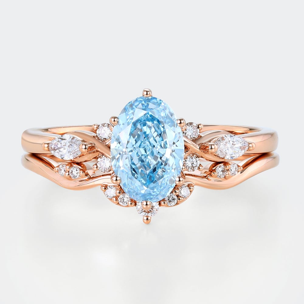 Lab Blue Diamond Ring Set 1.5ct Oval Cut Cluster Engagement Ring in Rose Gold