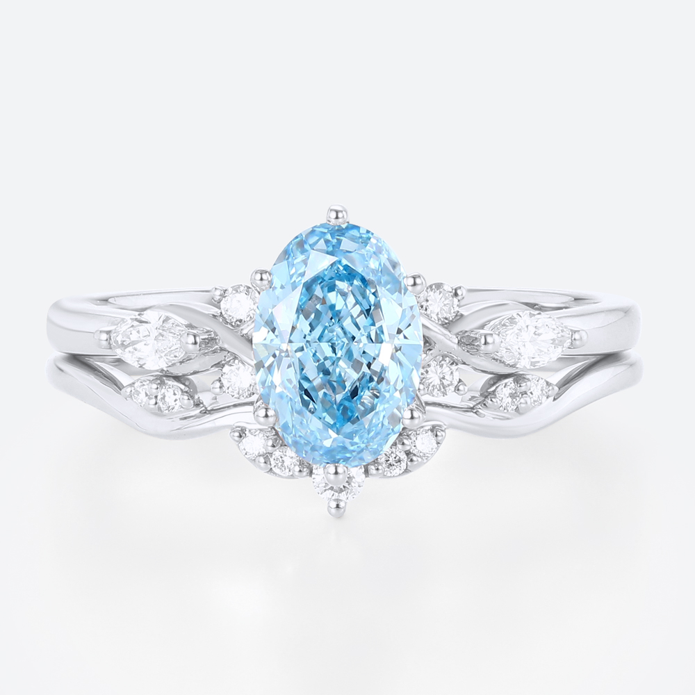 Lab Blue Diamond Ring Set 1.5ct Oval Cut Cluster Engagement Ring in White Gold