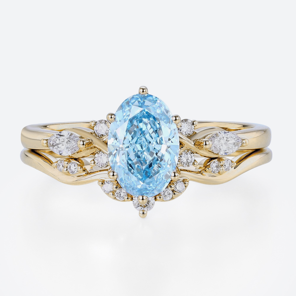 Lab Blue Diamond Ring Set 1.5ct Oval Cut Cluster Engagement Ring in Yellow Gold