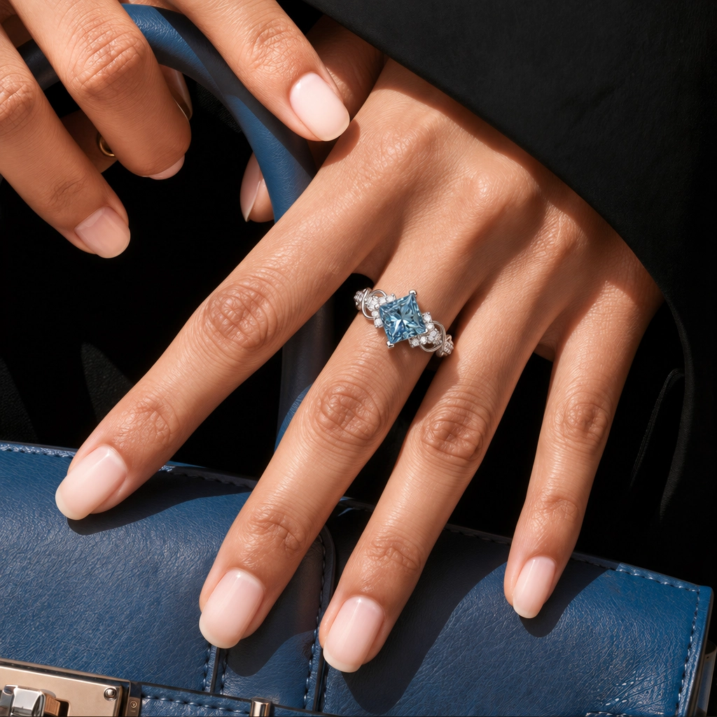 1.5ct Princess Cut Lab Grown Blue Diamond Infinity Pavé Engagement Ring in White Gold