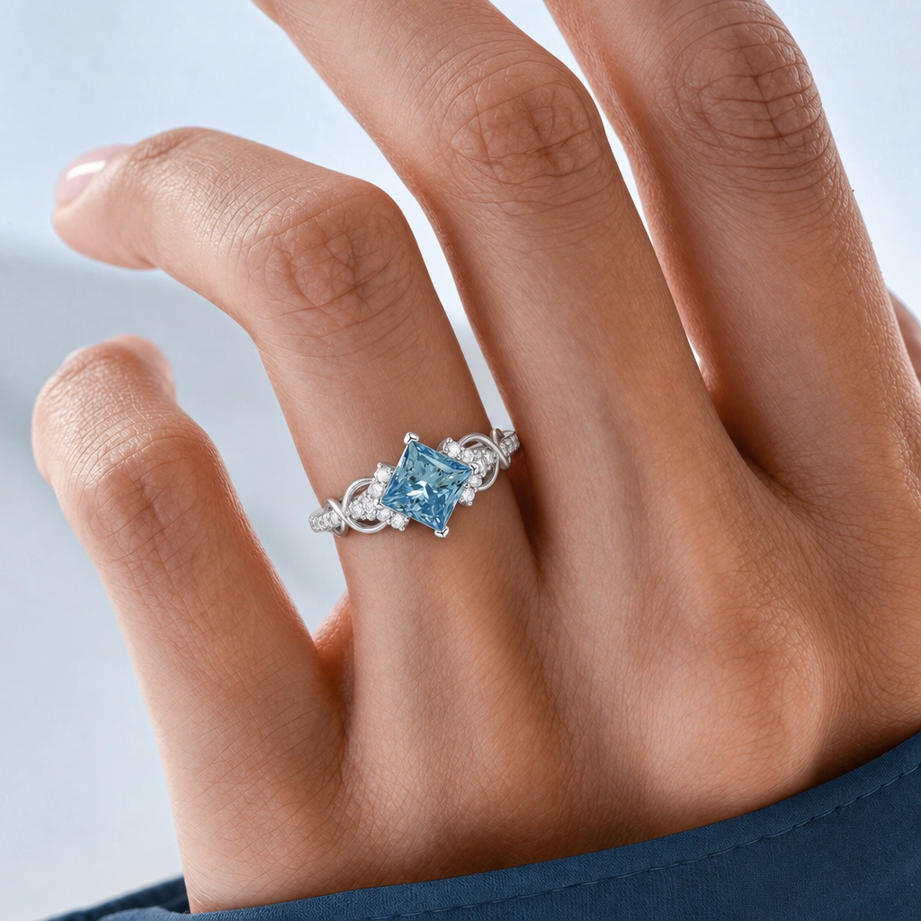 1.5ct Princess Cut Lab Grown Blue Diamond Infinity Pavé Engagement Ring in White Gold
