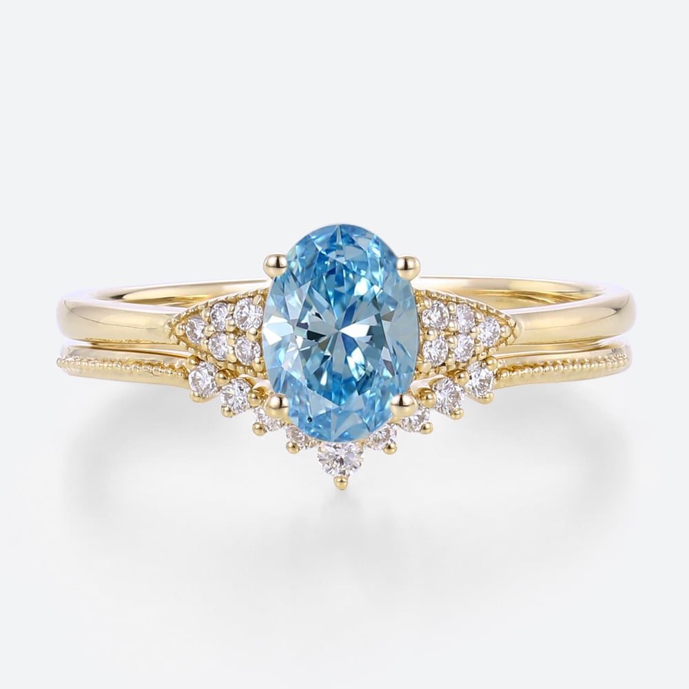 Lab Blue Diamond Engagement Rings​ Set 1.5ct Oval Vintage Ring in Yellow Gold