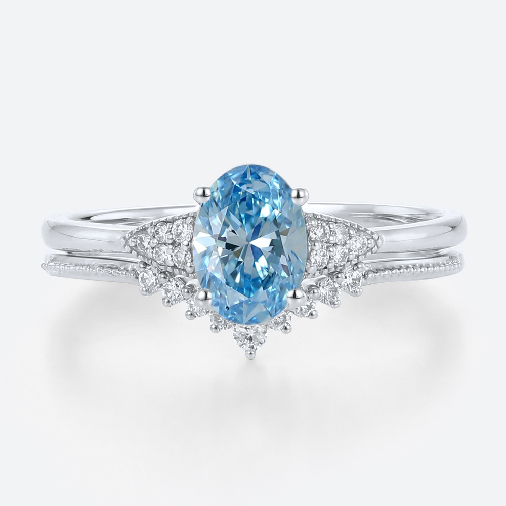 Lab Blue Diamond Engagement Rings​ Set 1.5ct Oval Vintage Ring in White Gold