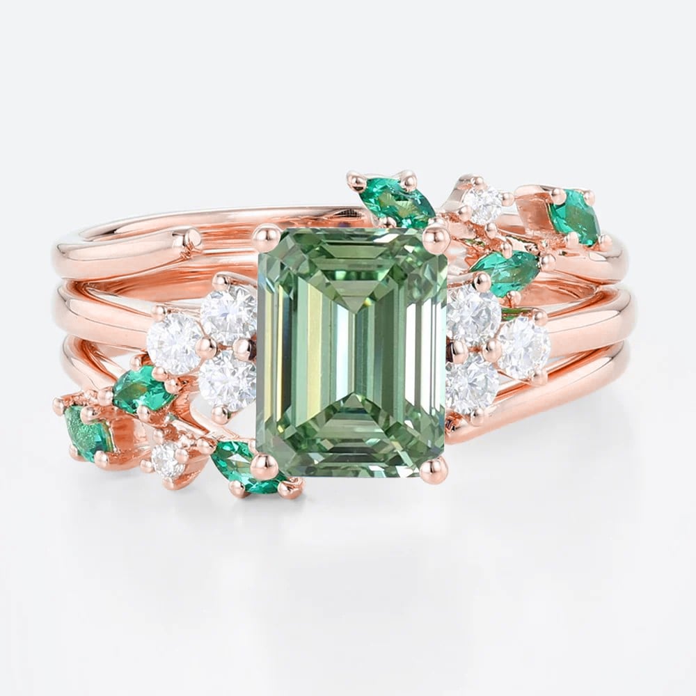 1.5ct Emerald Cut Lab Green Diamond Ring Set Garden-Themed 4-Prong Engagement Ring in Rose Gold