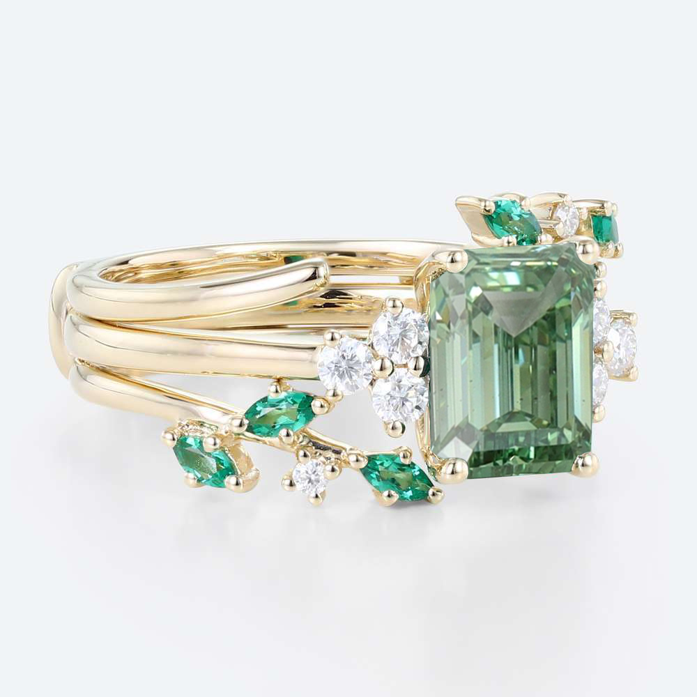 1.5ct Emerald Cut Lab Green Diamond Ring Set Garden-Themed 4-Prong Engagement Ring in Yellow Gold