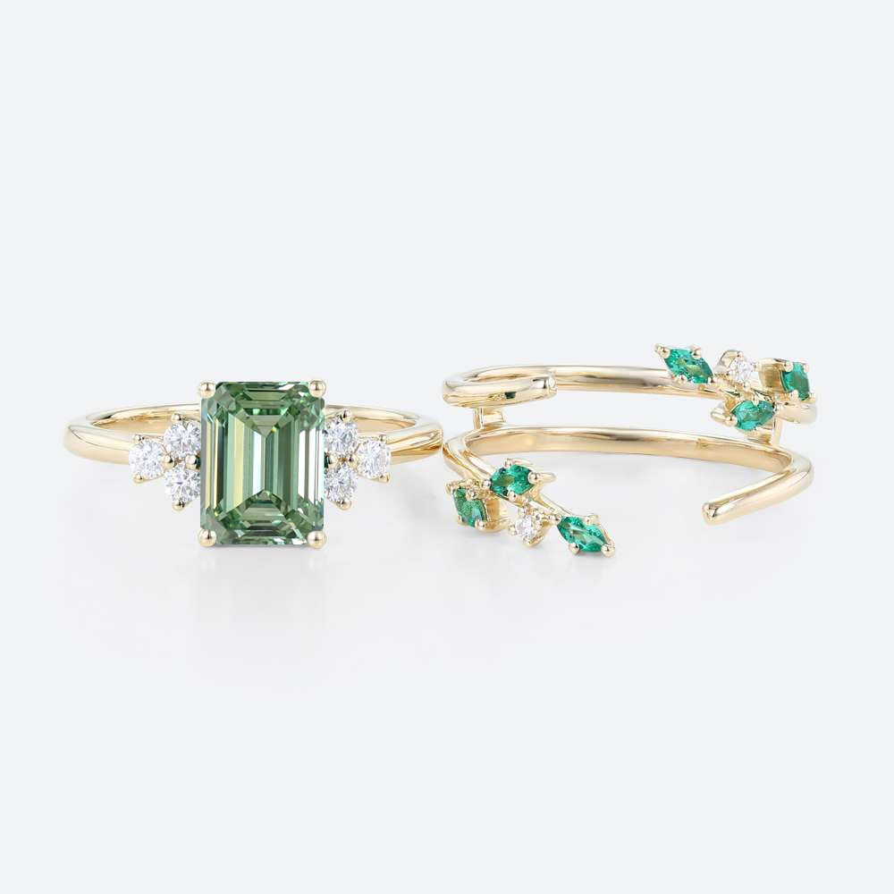 1.5ct Emerald Cut Lab Green Diamond Ring Set Garden-Themed 4-Prong Engagement Ring in Yellow Gold