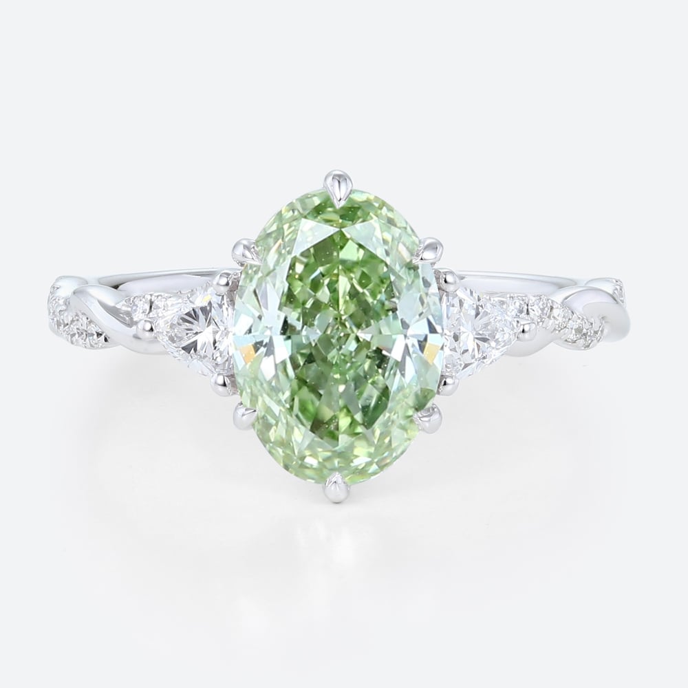 1.5ct Oval Lab Green Diamond Ring Twisted Pavé 6 Claw Prong Engagement Ring in White Gold