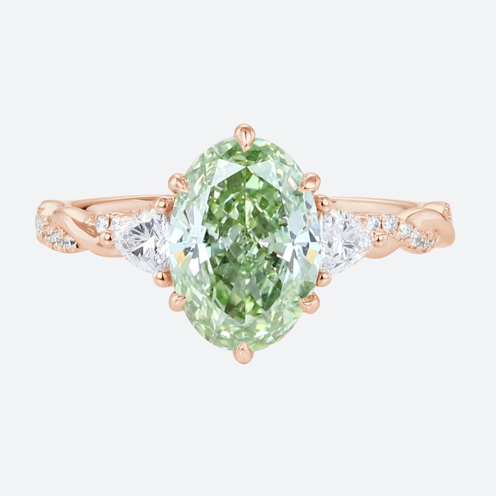 1.5ct Oval Lab Green Diamond Ring Twisted Pavé 6 Claw Prong Engagement Ring in Rose Gold