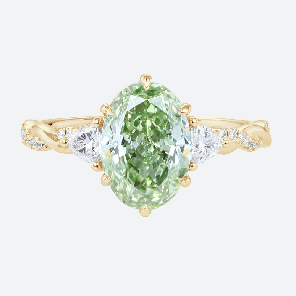 1.5ct Oval Lab Green Diamond Ring Twisted Pavé 6 Claw Prong Engagement Ring in Yellow Gold