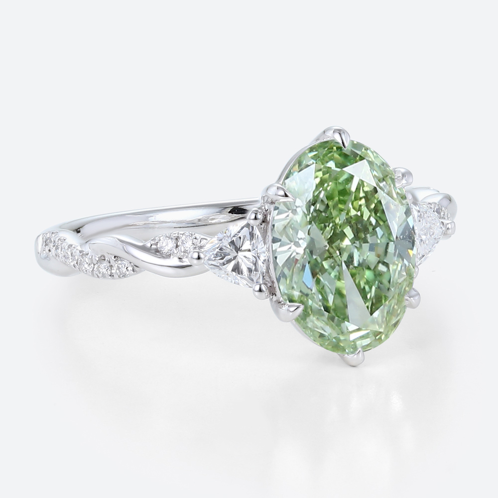 1.5ct Oval Lab Green Diamond Ring Twisted Pavé 6 Claw Prong Engagement Ring in White Gold