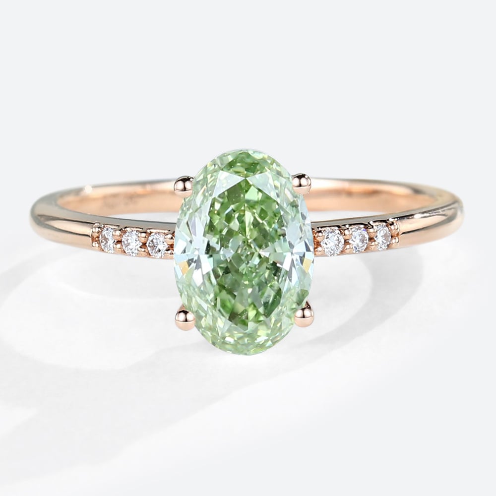 1.5ct Oval Lab Green Diamonds​ Ring Pavé 4-Prong Engagement Ring in Rose Gold