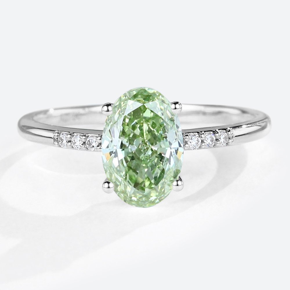 1.5ct Oval Lab Green Diamonds​ Ring Pavé 4-Prong Engagement Ring in White Gold