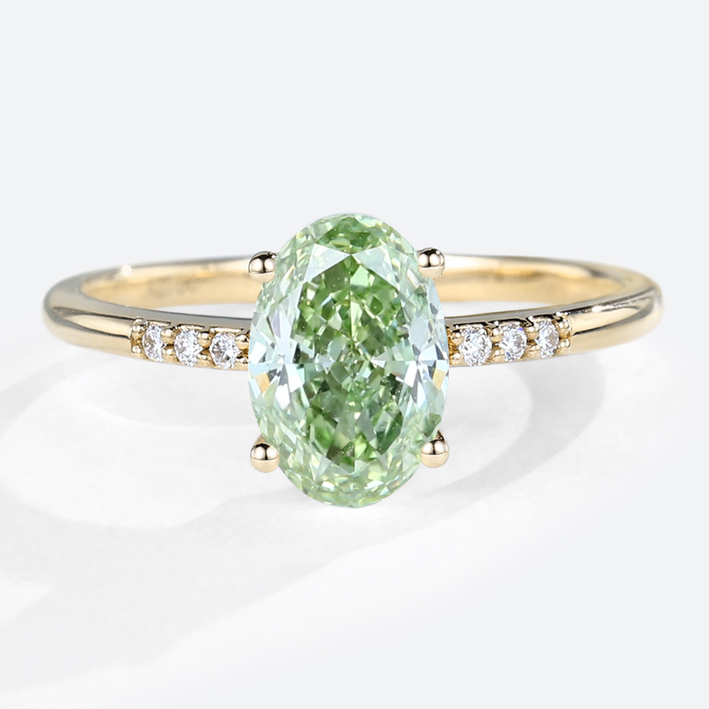 1.5ct Oval Lab Green Diamonds​ Ring Pavé 4-Prong Engagement Ring in Yellow Gold