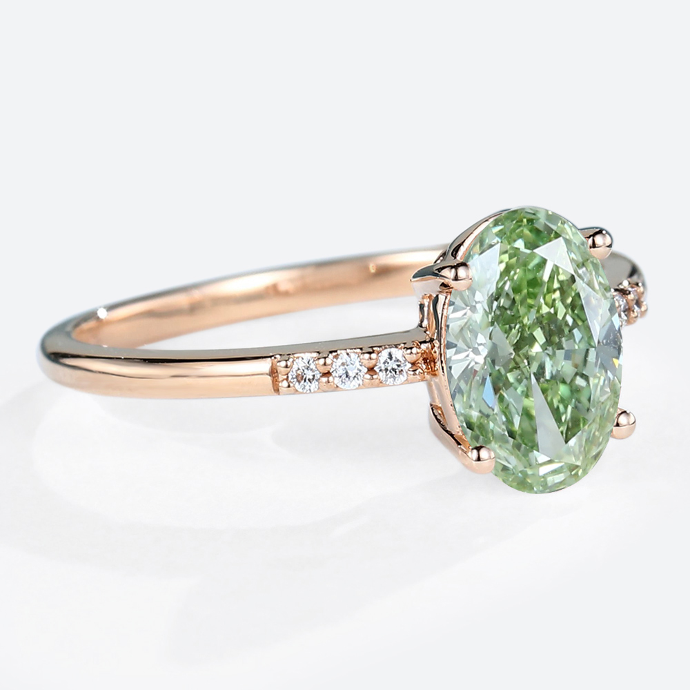 1.5ct Oval Lab Green Diamonds​ Ring Pavé 4-Prong Engagement Ring in Rose Gold