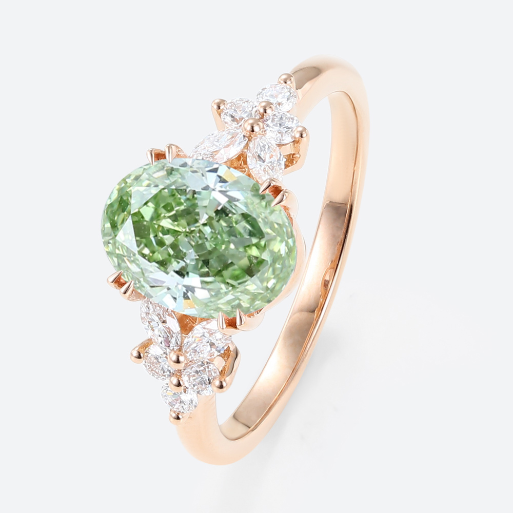 1.5ct Lab Fancy Green Diamond Ring Petal-Inspired 4 Double Claw Bridal Ring in Rose Gold