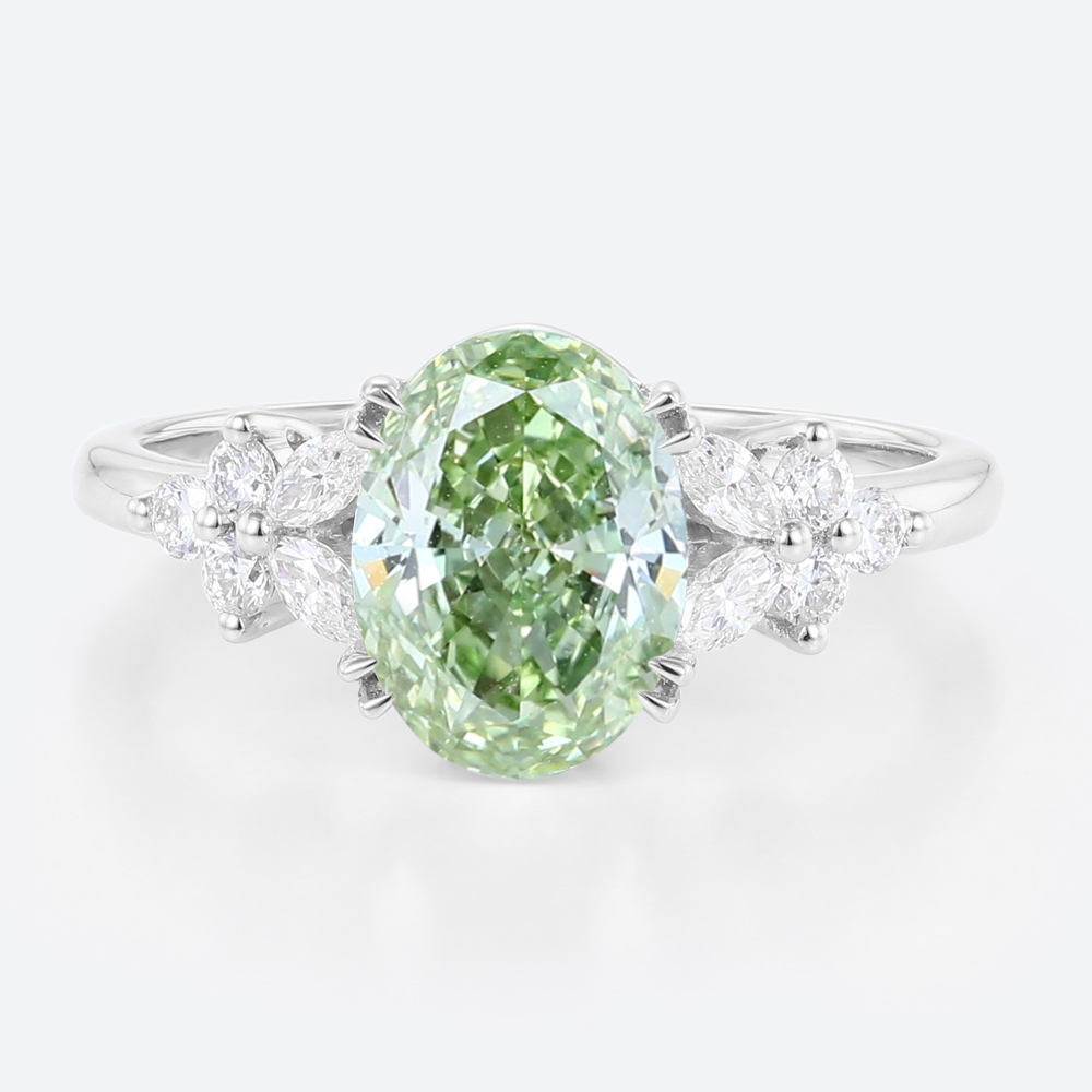 1.5ct Lab Fancy Green Diamond Ring Petal-Inspired 4 Double Claw Bridal Ring in White Gold