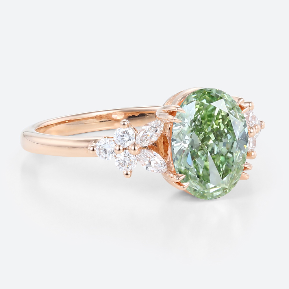 1.5ct Lab Fancy Green Diamond Ring Petal-Inspired 4 Double Claw Bridal Ring in Rose Gold