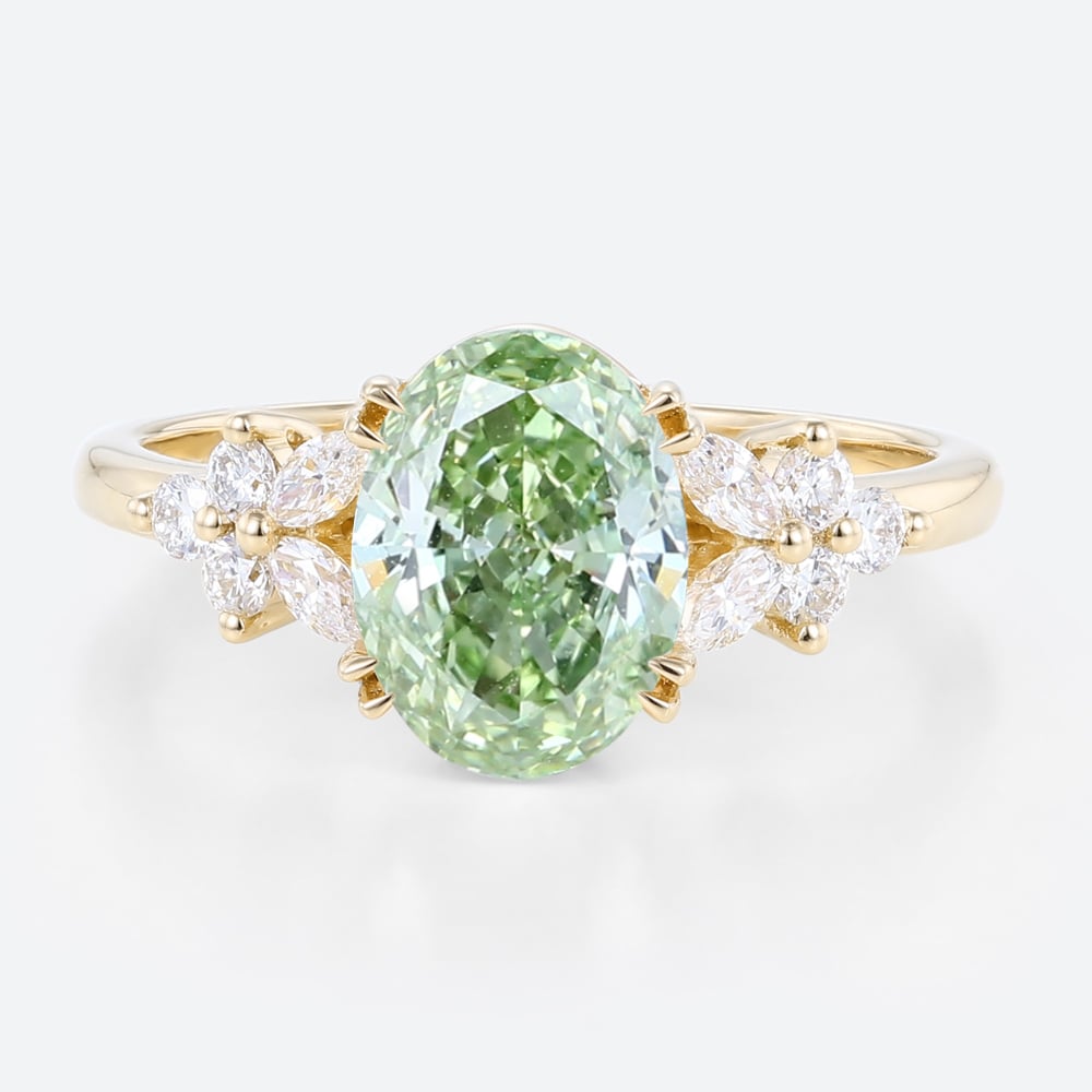 1.5ct Lab Fancy Green Diamond Ring Petal-Inspired 4 Double Claw Bridal Ring in Yellow Gold