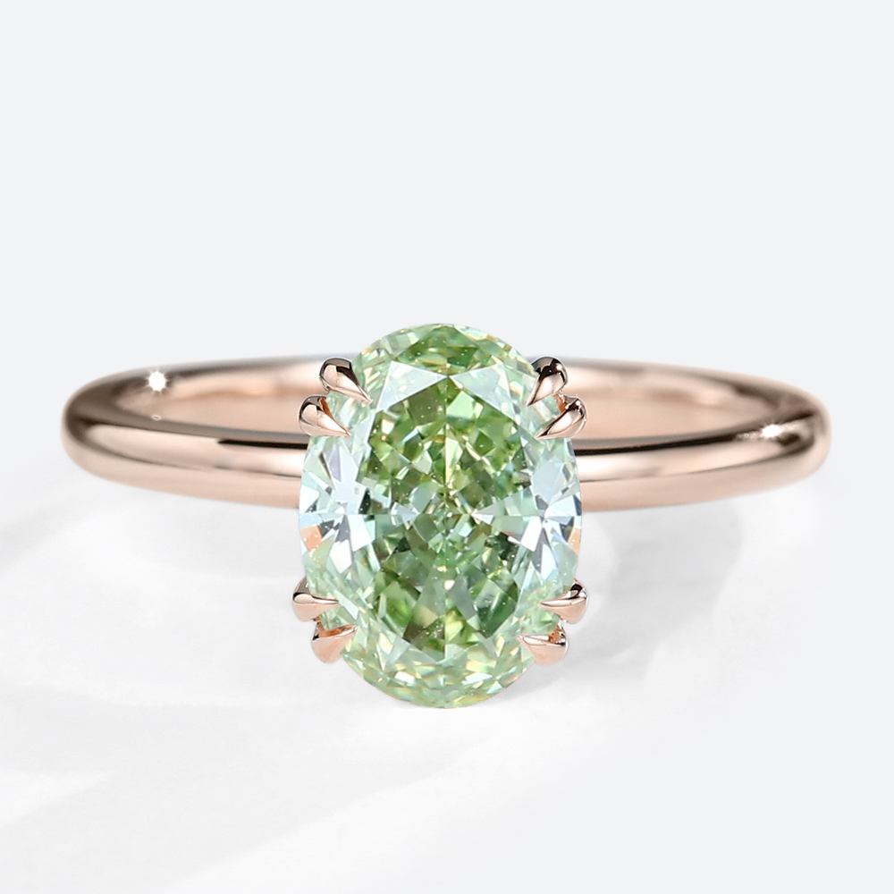 1.5ct Oval Cut Solitaire Lab Green Diamond Ring 4 Double Claw Prong Engagement Ring in Rose Gold