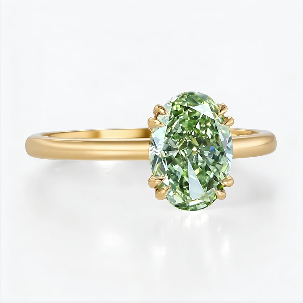1.5ct Oval Cut Solitaire Lab Green Diamond Ring 4 Double Claw Prong Engagement Ring in Yellow Gold