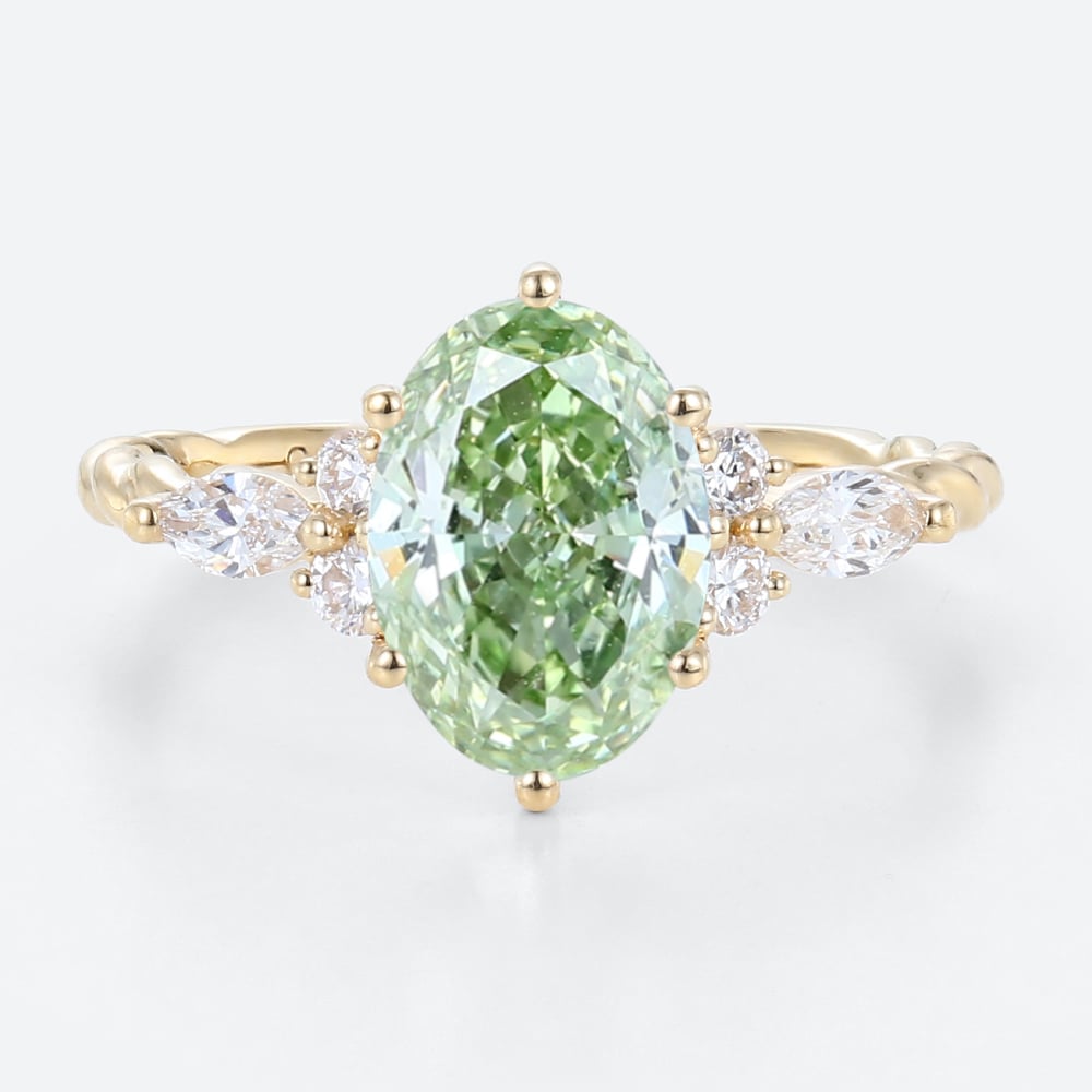 1.5ct Oval Lab Green Diamond Ring Twisted 6-Prong Engagement Ring in Yellow Gold