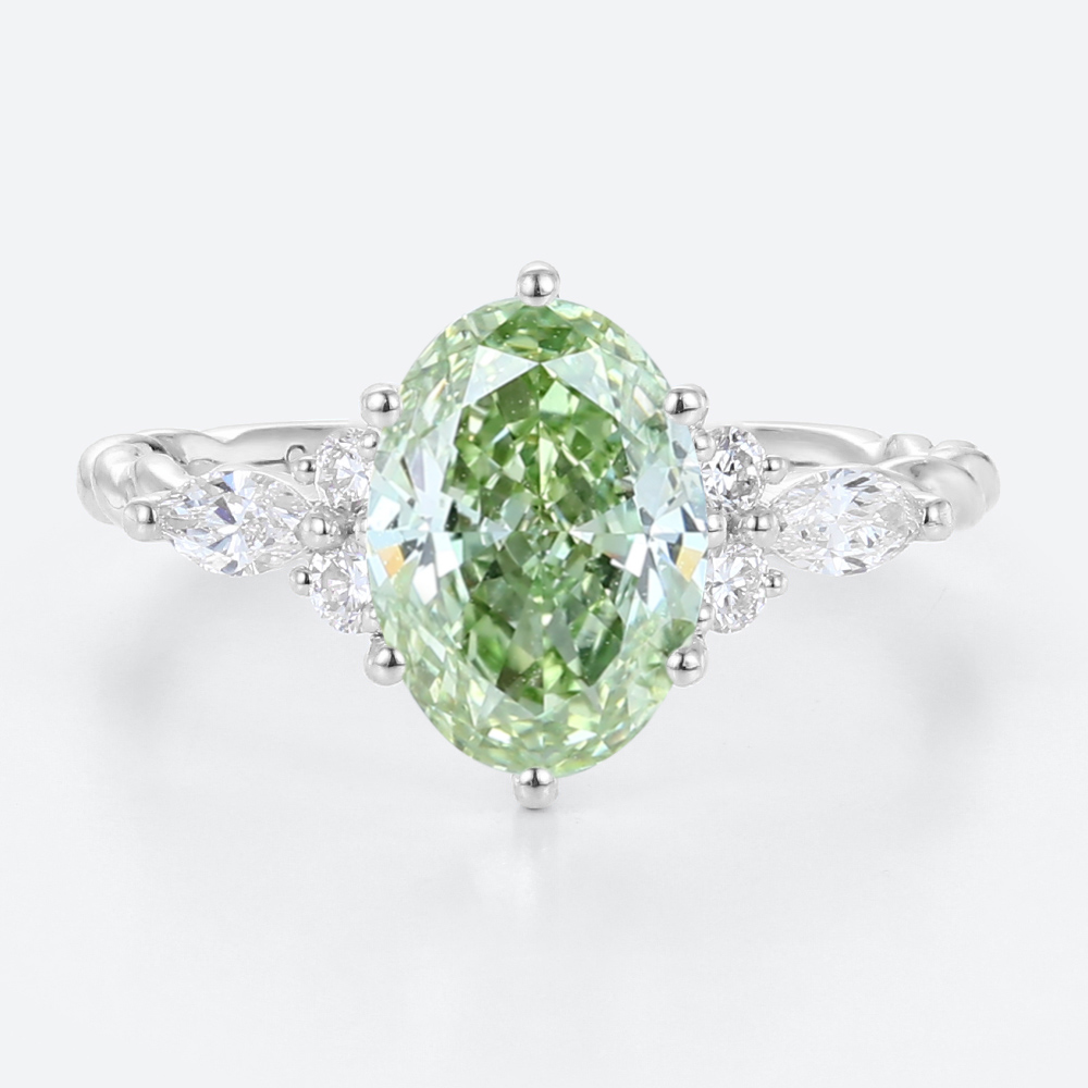 1.5ct Oval Lab Green Diamond Ring Twisted 6-Prong Engagement Ring in White Gold