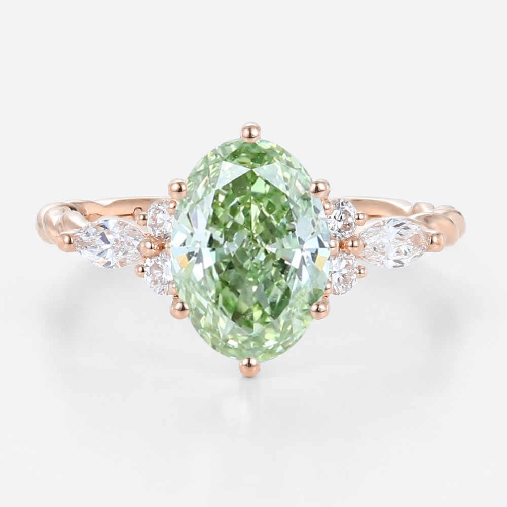 1.5ct Oval Lab Green Diamond Ring Twisted 6-Prong Engagement Ring in Rose Gold