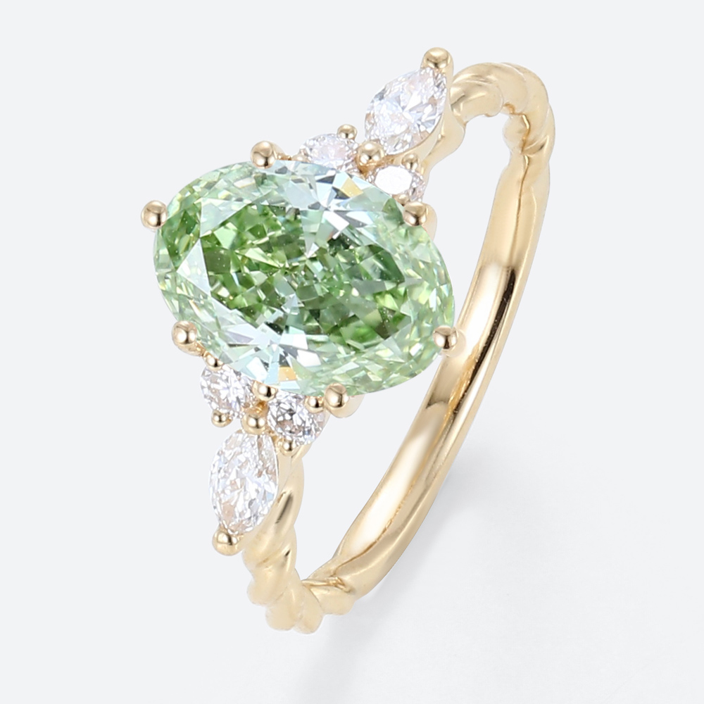 1.5ct Oval Lab Green Diamond Ring Twisted 6-Prong Engagement Ring in Yellow Gold