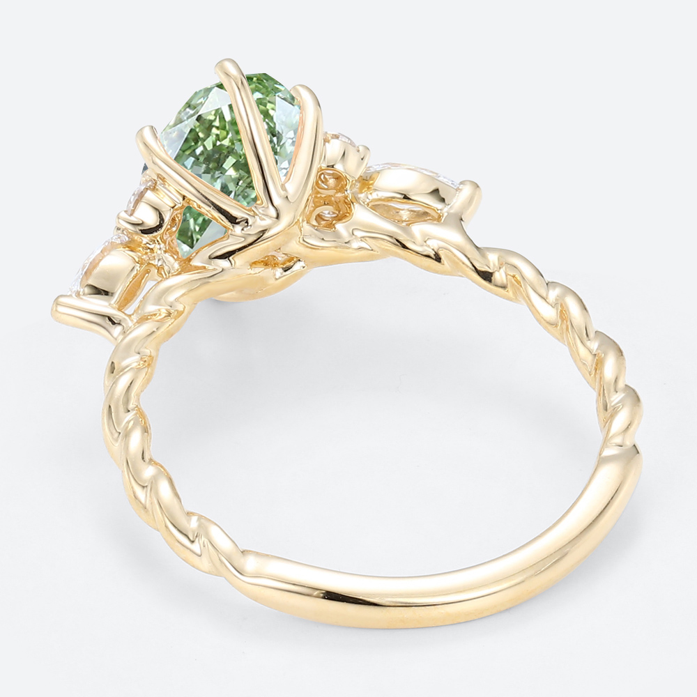 1.5ct Oval Lab Green Diamond Ring Twisted 6-Prong Engagement Ring in Yellow Gold