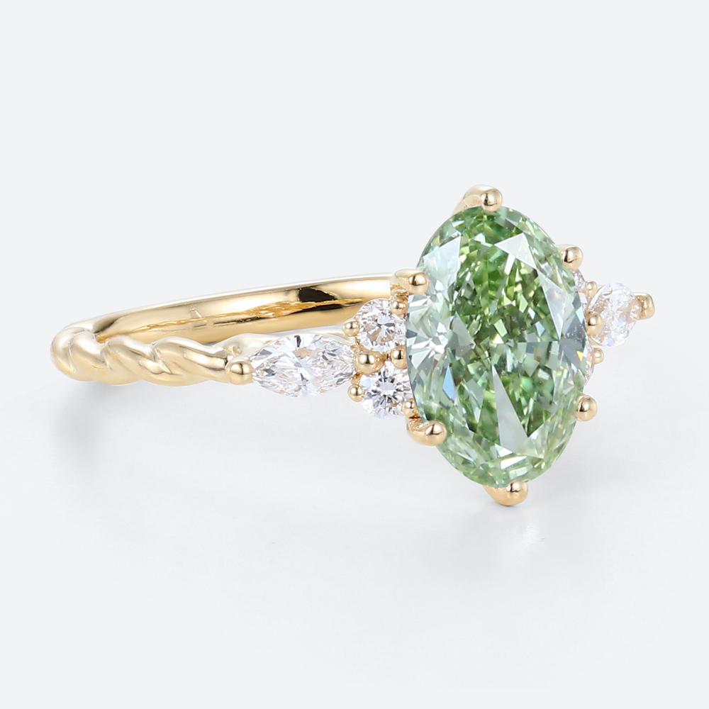 1.5ct Oval Lab Green Diamond Ring Twisted 6-Prong Engagement Ring in Yellow Gold