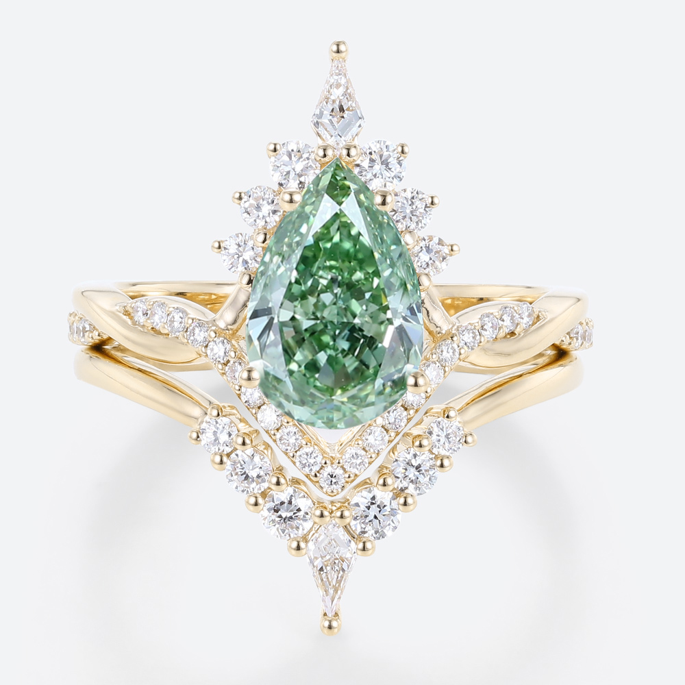 1.5ct Lab Green Diamond Ring Set Pear Cut Fancy Green Crown Design 4-Prong Bridal Ring Set in Yellow Gold