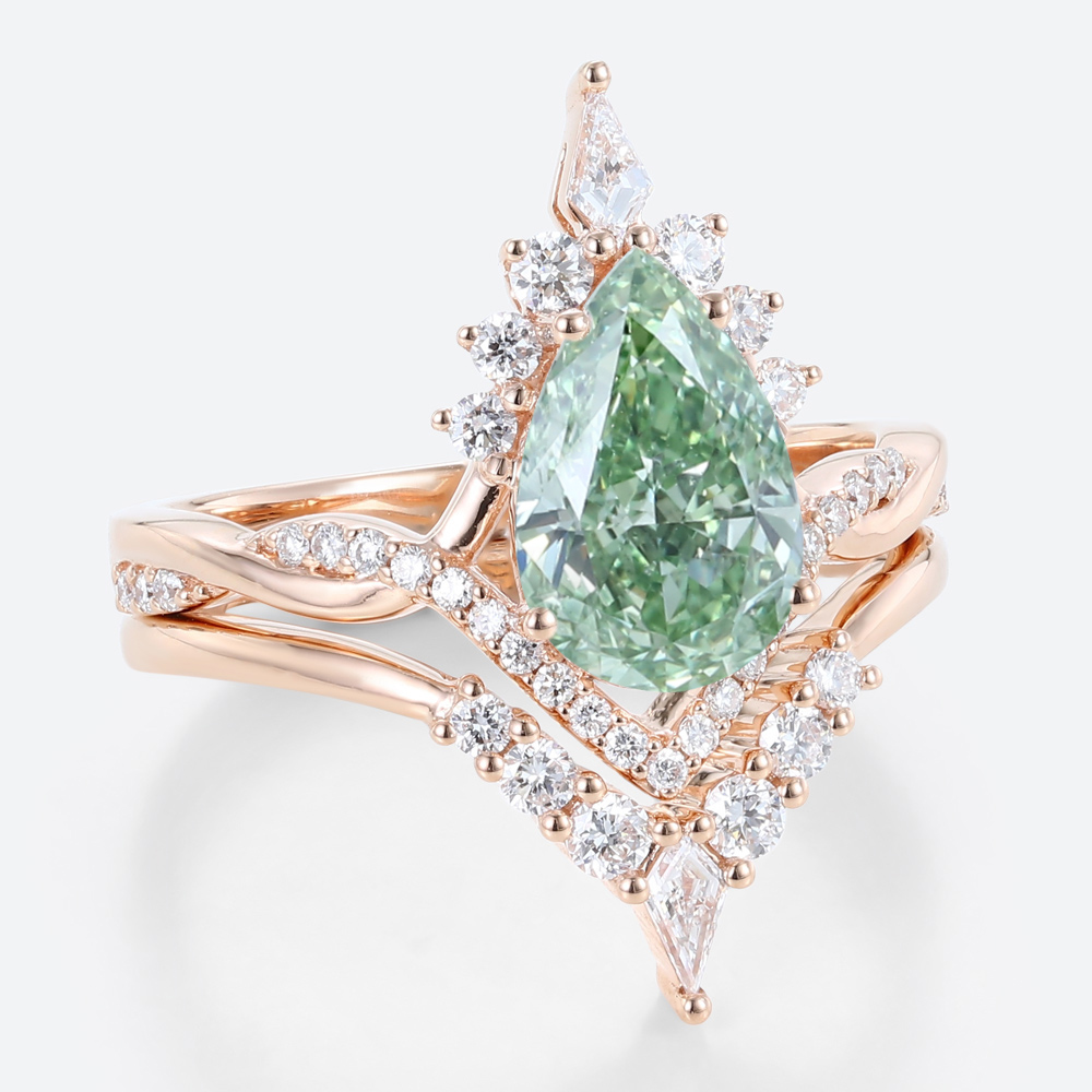 1.5ct Lab Green Diamond Ring Set Pear Cut Fancy Green Crown Design 4-Prong Bridal Ring Set in Rose Gold
