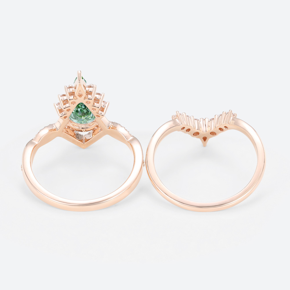 1.5ct Lab Green Diamond Ring Set Pear Cut Fancy Green Crown Design 4-Prong Bridal Ring Set in Rose Gold