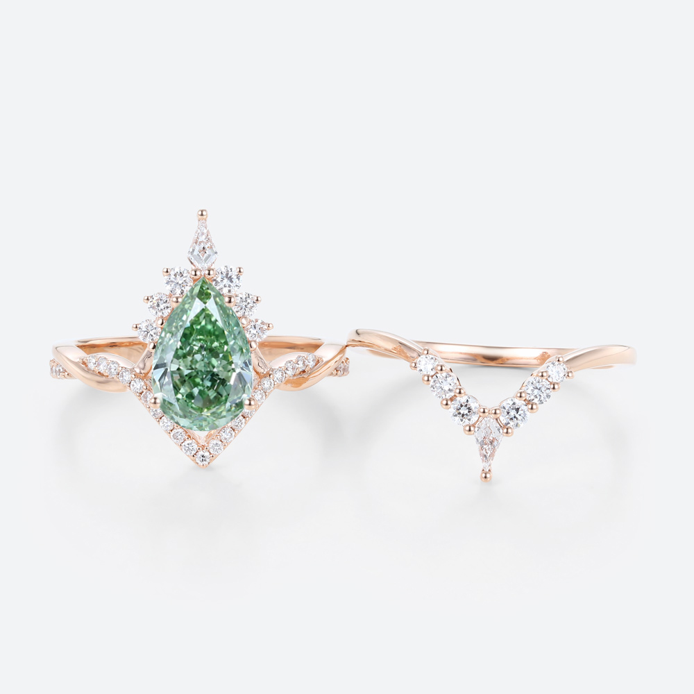 1.5ct Lab Green Diamond Ring Set Pear Cut Fancy Green Crown Design 4-Prong Bridal Ring Set in Rose Gold