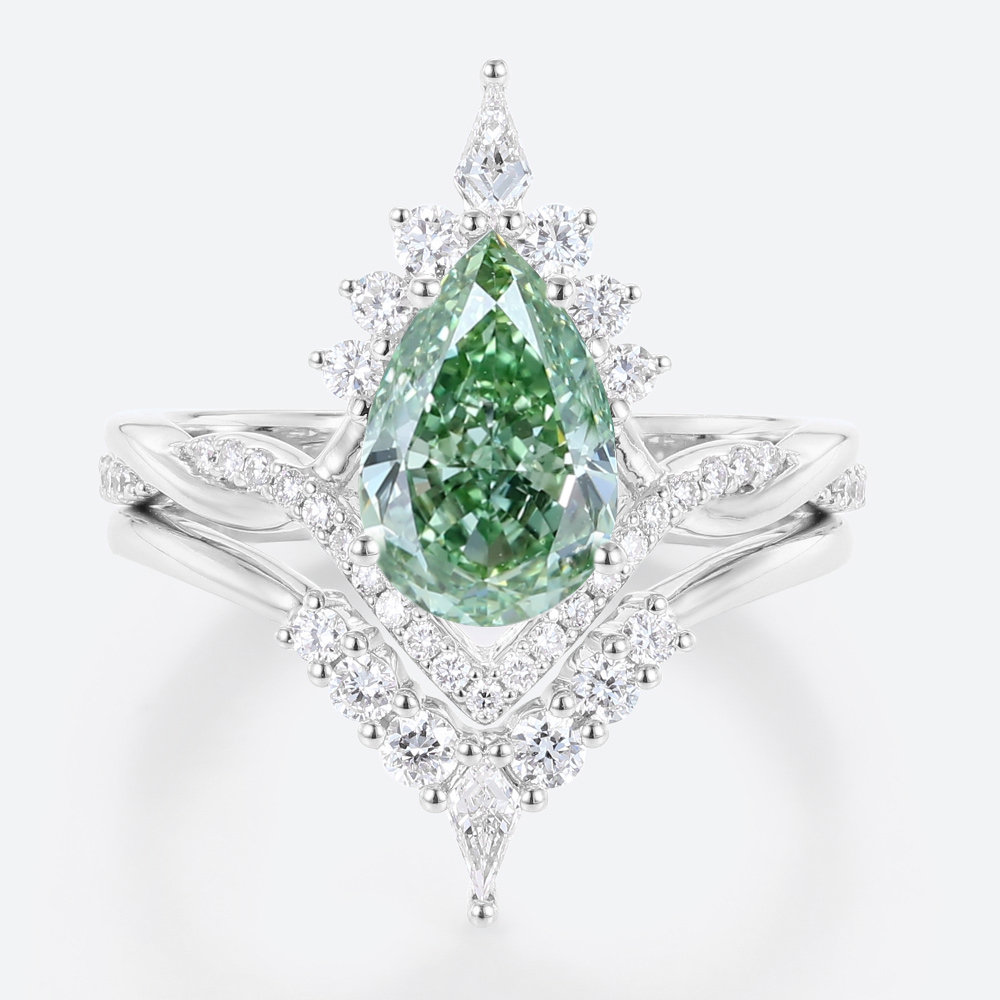 1.5ct Lab Green Diamond Ring Set Pear Cut Fancy Green Crown Design 4-Prong Bridal Ring Set in White Gold