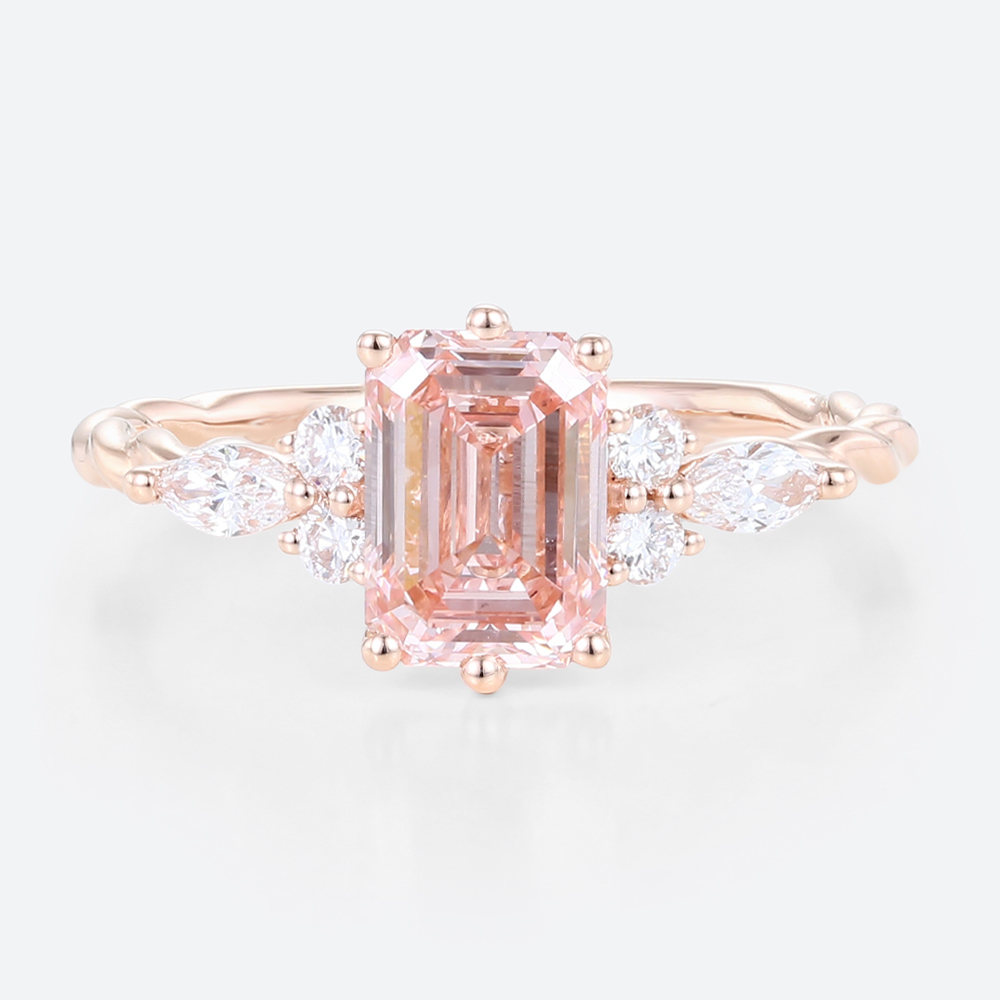 1.5ct Lab Grown Pink Diamond Ring Emerald Cut Twisted 6-Prong Ring in Rose Gold