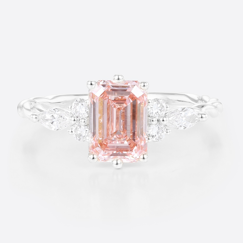 1.5ct Lab Grown Pink Diamond​ Ring Emerald Cut Twisted 6-Prong Ring in White Gold