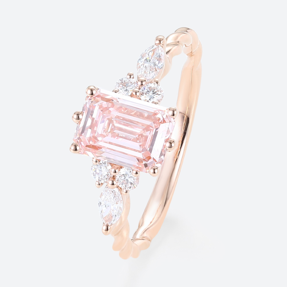 1.5ct Lab Grown Pink Diamond​ Ring Emerald Cut Twisted 6-Prong Ring in Rose Gold