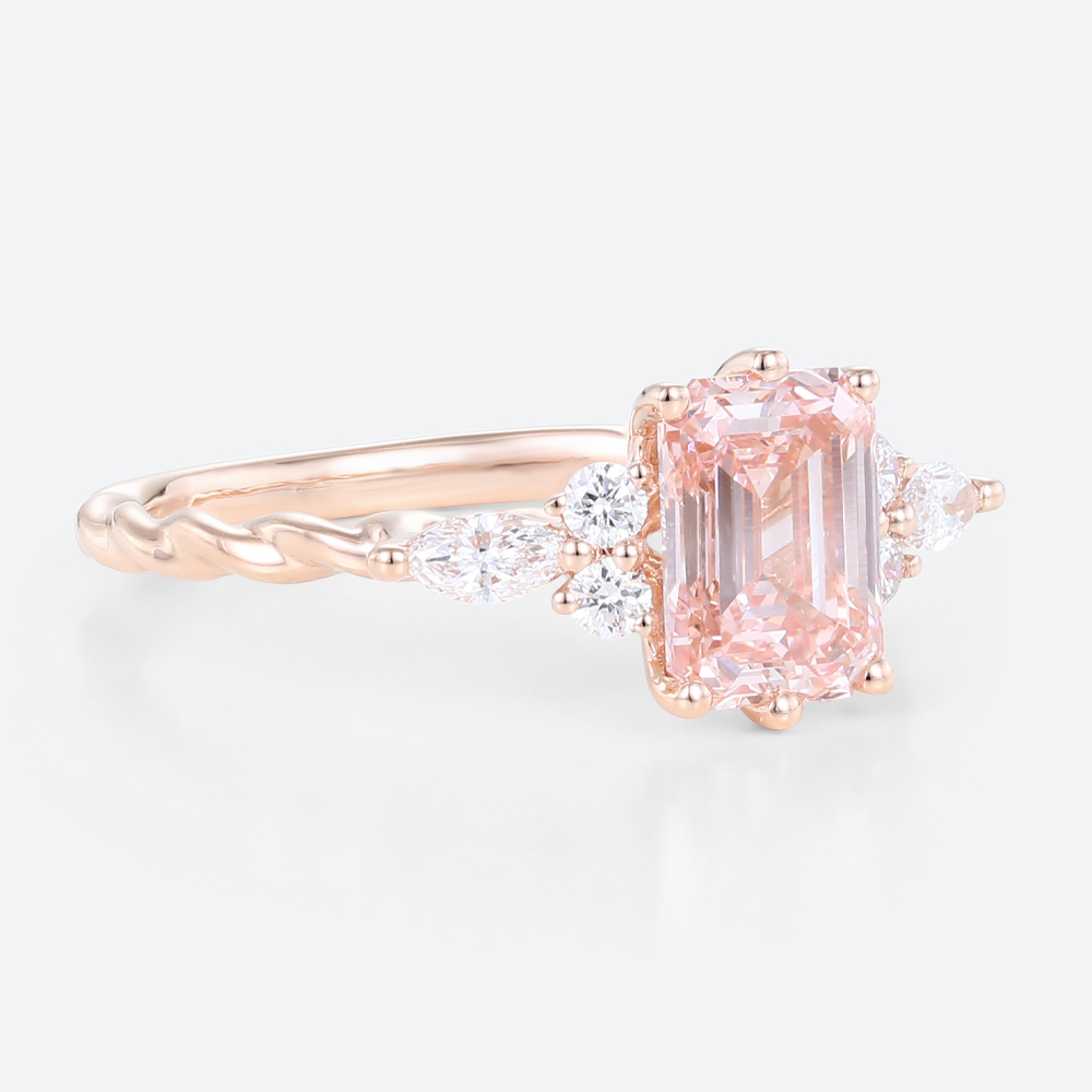 1.5ct Lab Grown Pink Diamond​ Ring Emerald Cut Twisted 6-Prong Ring in Rose Gold
