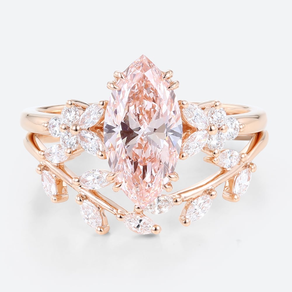 1.5ct Marquise Lab Pink Diamond Ring Set Leaf Cluster Bridal Ring in Rose Gold