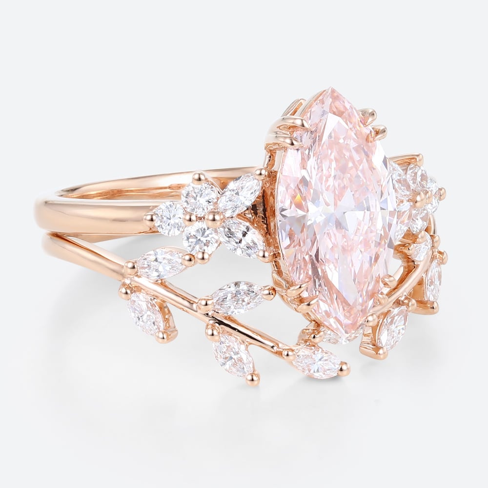 1.5ct Marquise Lab Pink Diamond Ring Set Leaf Cluster Bridal Ring in Rose Gold