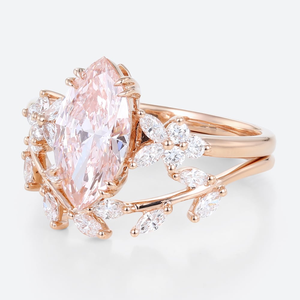 1.5ct Marquise Lab Pink Diamond Ring Set Leaf Cluster Bridal Ring in Rose Gold