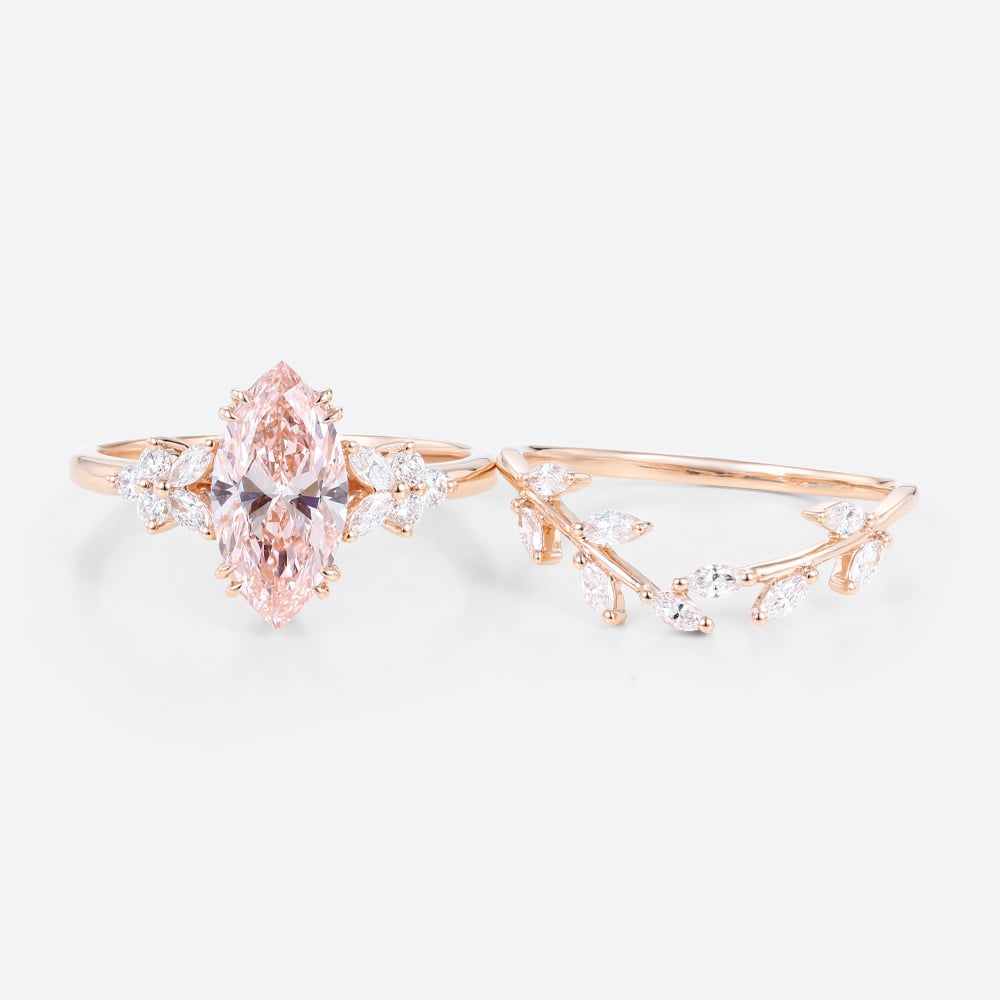 1.5ct Marquise Lab Pink Diamond Ring Set Leaf Cluster Bridal Ring in Rose Gold