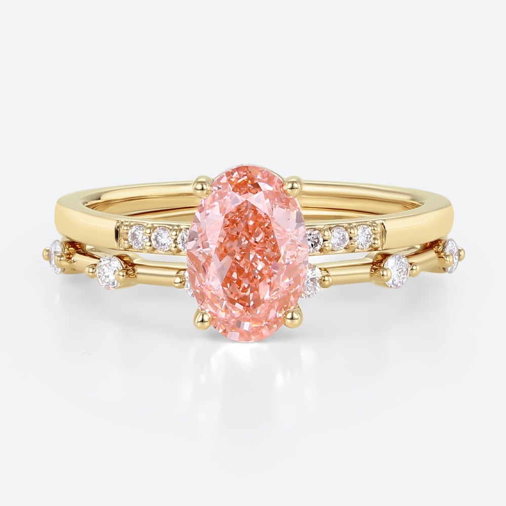 1.5ct Lab Pink Diamond Ring Set Elegant Classic 4-Prong Bridal Ring Set in Yellow Gold