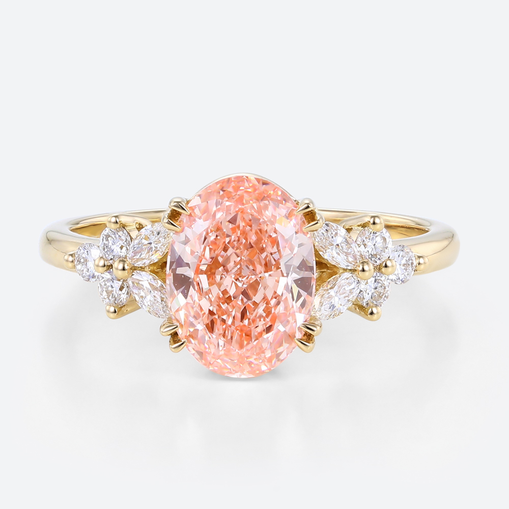 Oval Lab Pink Diamond Ring 1.5ct Floral 4 Double Claw Engagement Ring